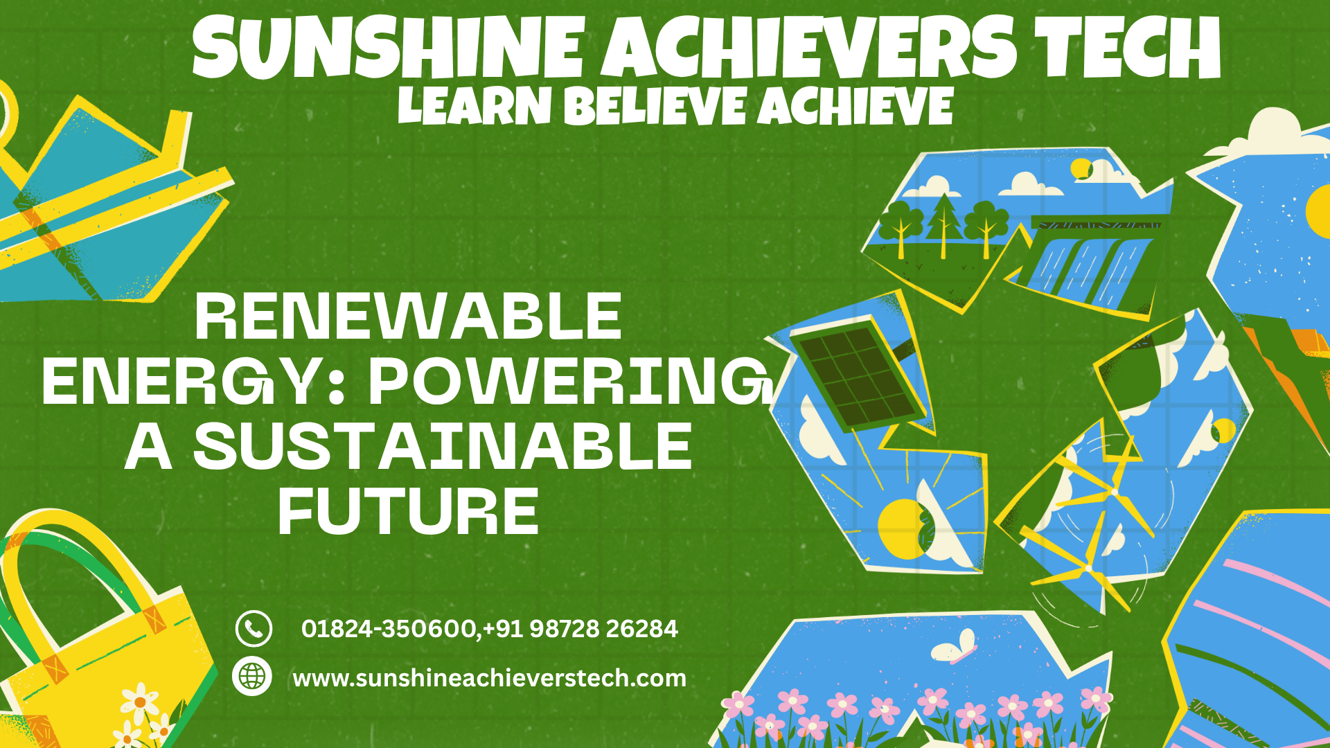 Wind turbines and solar panels generating clean electricity against a bright sky, representing renewable energy and a sustainable future.