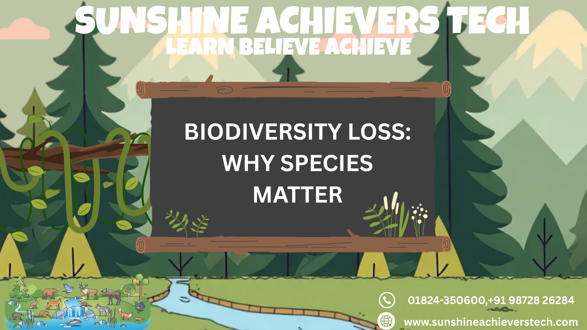 Diverse wildlife including birds, mammals, insects, plants, and forests representing biodiversity and the interconnected ecosystems that support life on Earth.