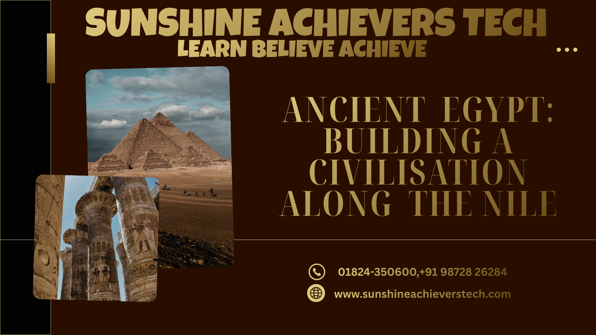 The Pyramids of Giza, the Nile River, ancient Egyptian temples, and archaeologists studying mummies representing Ancient Egyptian civilization and archaeology.