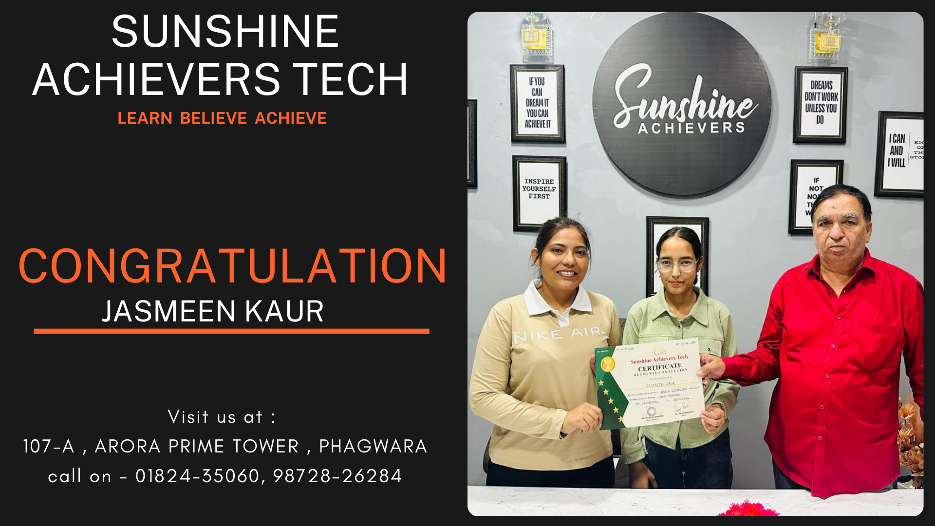 Jasmin Kaur completes basic computer training at Sunshine Achievers Tech, wishing her success for the future