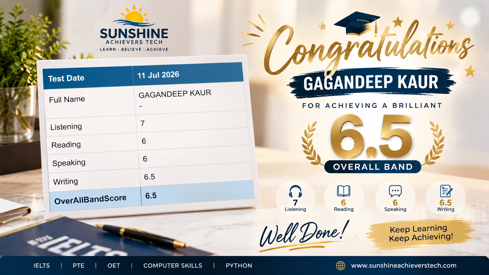 Gagandeep Kaur IELTS Band 6.5 Achievement at Sunshine Achievers Tech