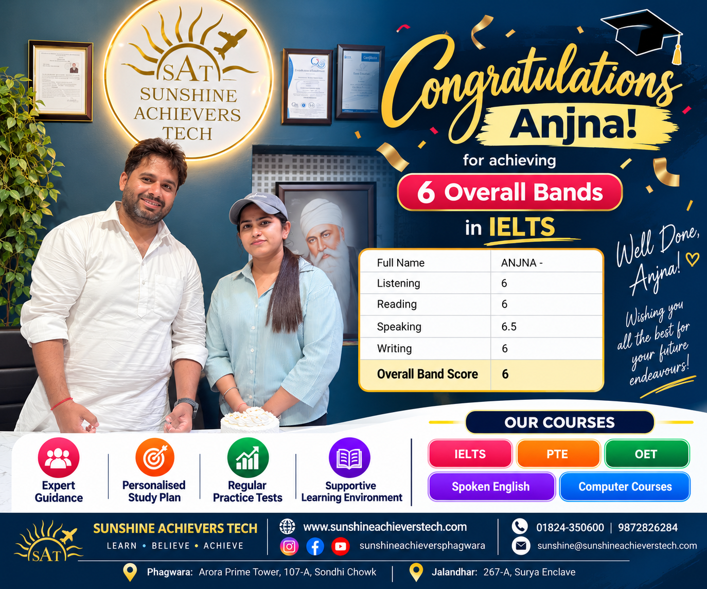 Sunshine Achievers Tech congratulates Anjna on achieving an overall IELTS Band Score of 6.0, recognising her IELTS achievement and continued learning journey.