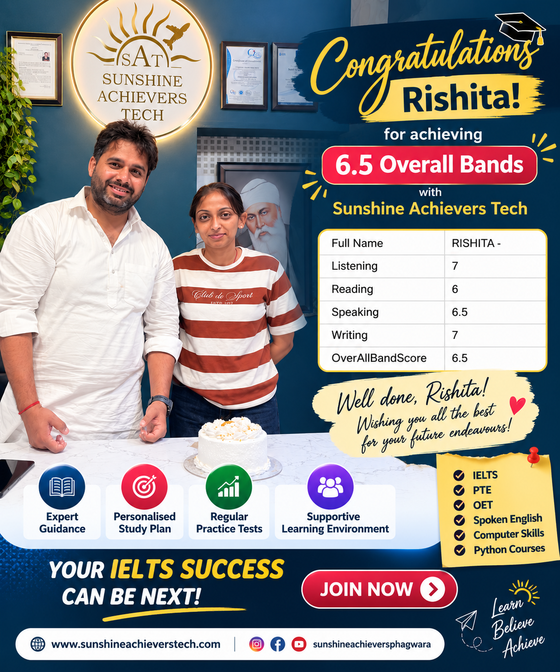 Sunshine Achievers Tech congratulates Rishita on achieving an overall IELTS Band Score of 6.5, celebrating her progress in English language proficiency.