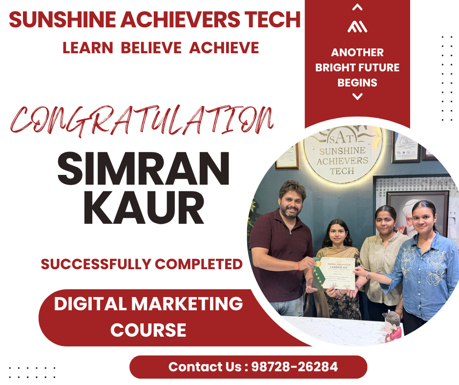 Simran Kaur receiving her Digital Marketing Course completion certificate at Sunshine Achievers Tech in Phagwara, Punjab